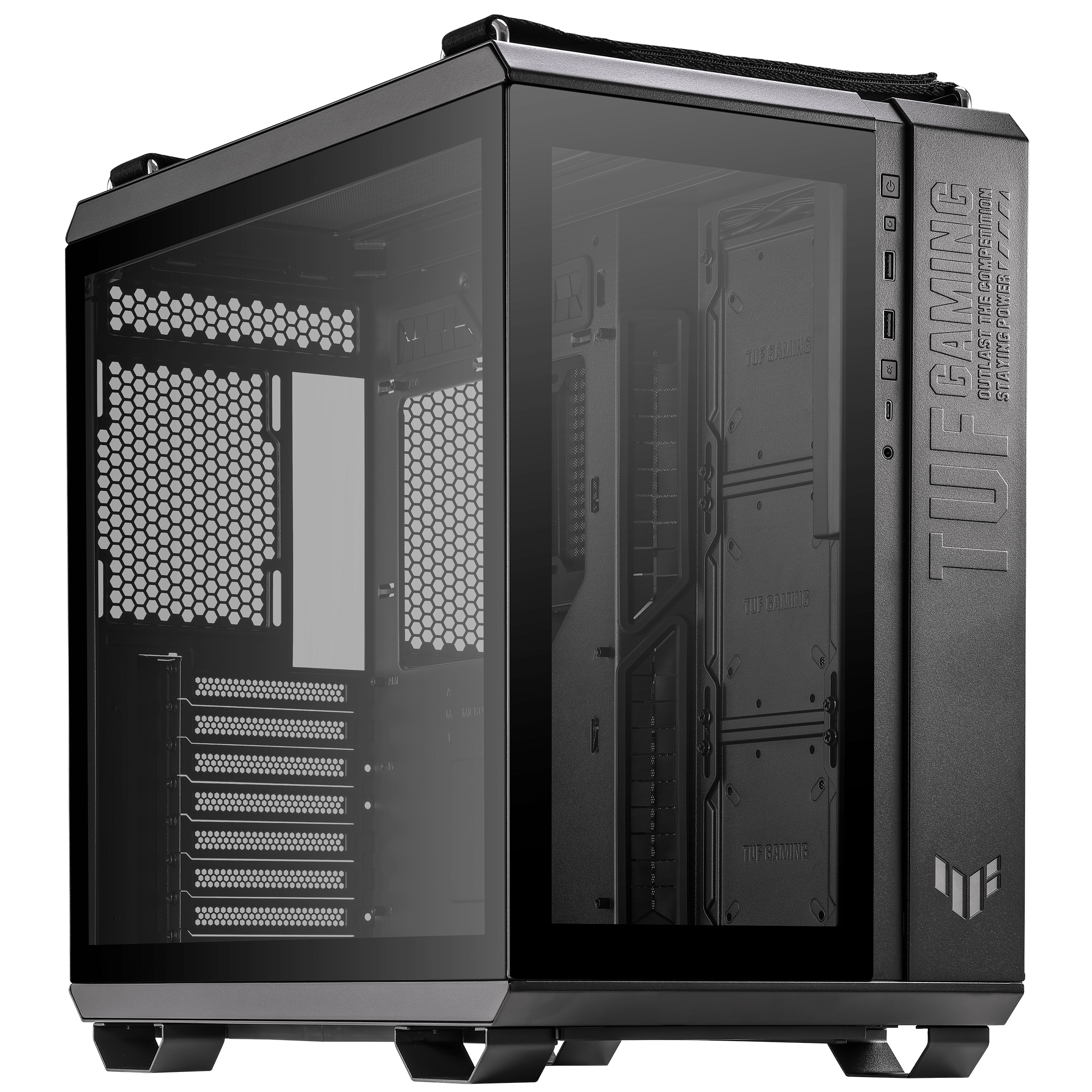 ASUS TUF Gaming GT502 – Dual-Chamber Mid-Tower Case with Panoramic Glass, USB-C Gen 2x2, 400mm GPU Clearance, and Triple Radiator Support Black/White