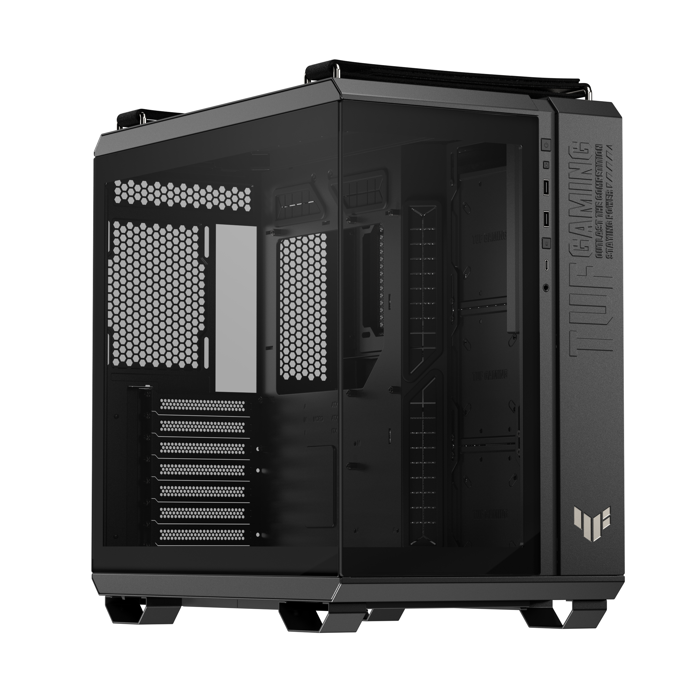 ASUS TUF Gaming GT502 Horizon – Dual-Chamber Mid-Tower Case with Panoramic Glass, USB-C Gen 2x2, 400mm GPU Clearance, and Triple Radiator Support (Non-ARGB Version) Black/White